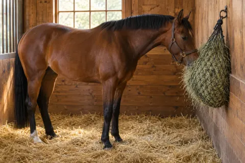 A bay horse eating from a full hay net tied in its stable.
