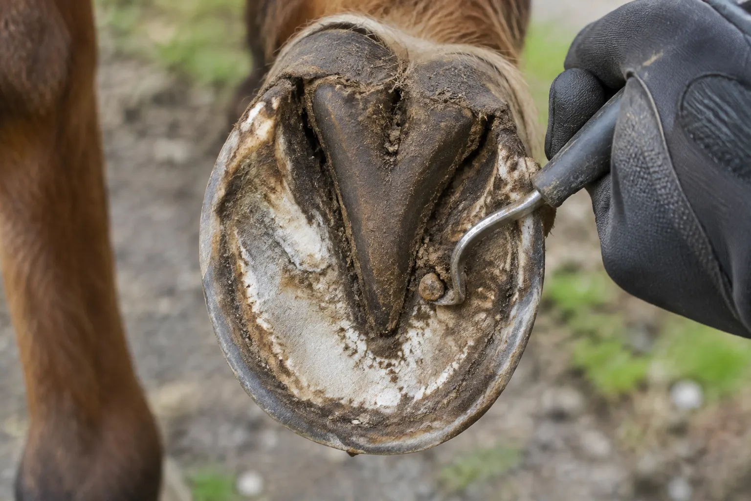 A hoof held up and cleaned with a hoof pick, the frog showing on the underside.