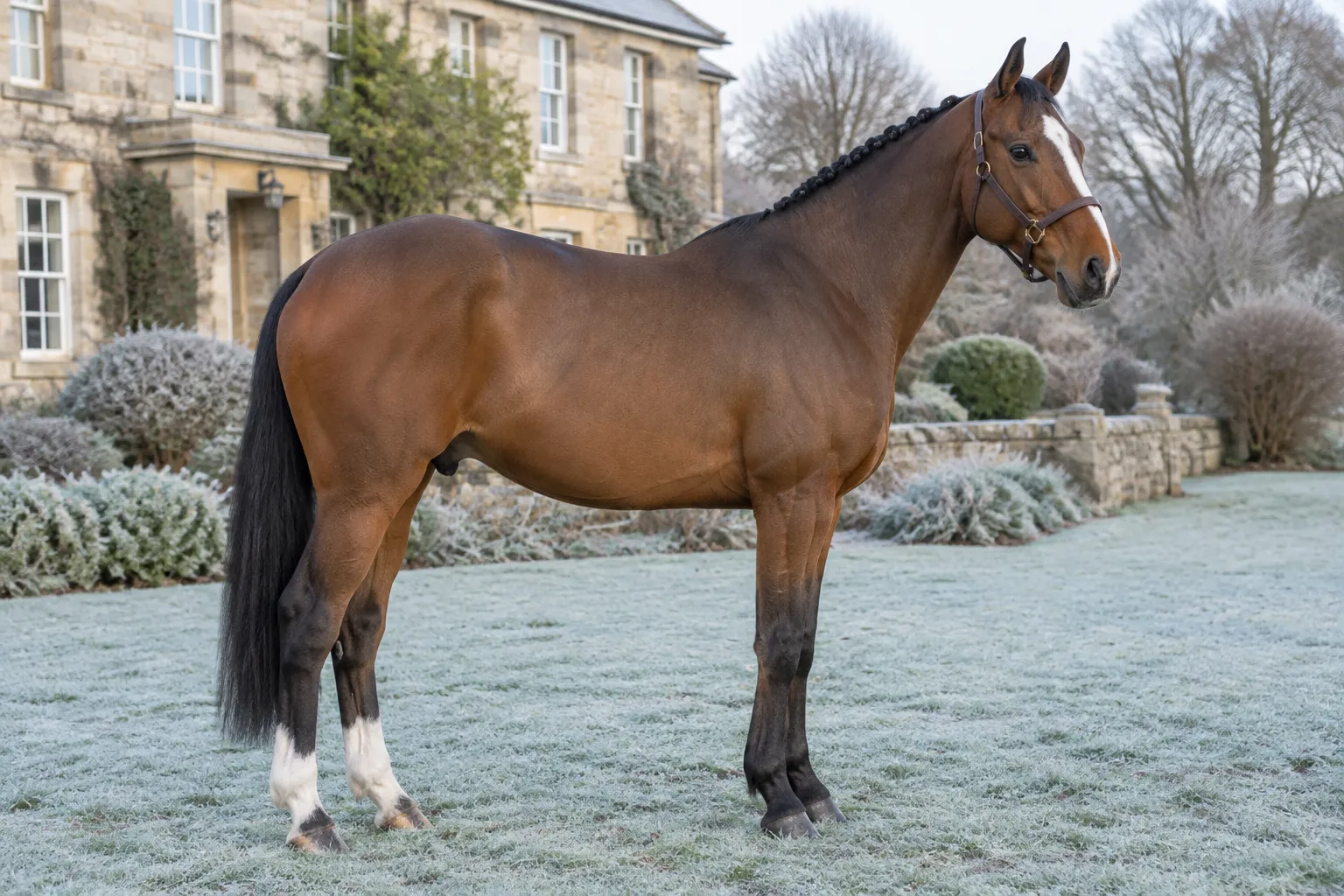 A bay hunter with a white blaze and a plaited mane standing square on a frosty lawn in front of a stone country house.