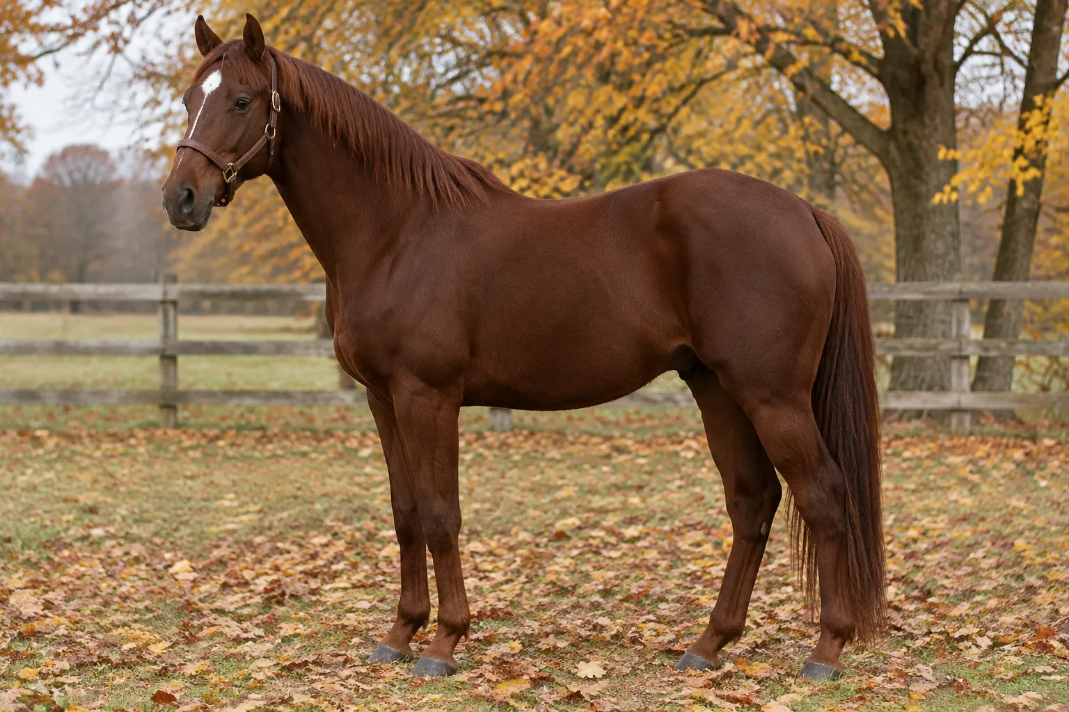A dark liver chestnut horse with a chocolate-red coat and a matching mane and tail, standing in an autumn paddock.