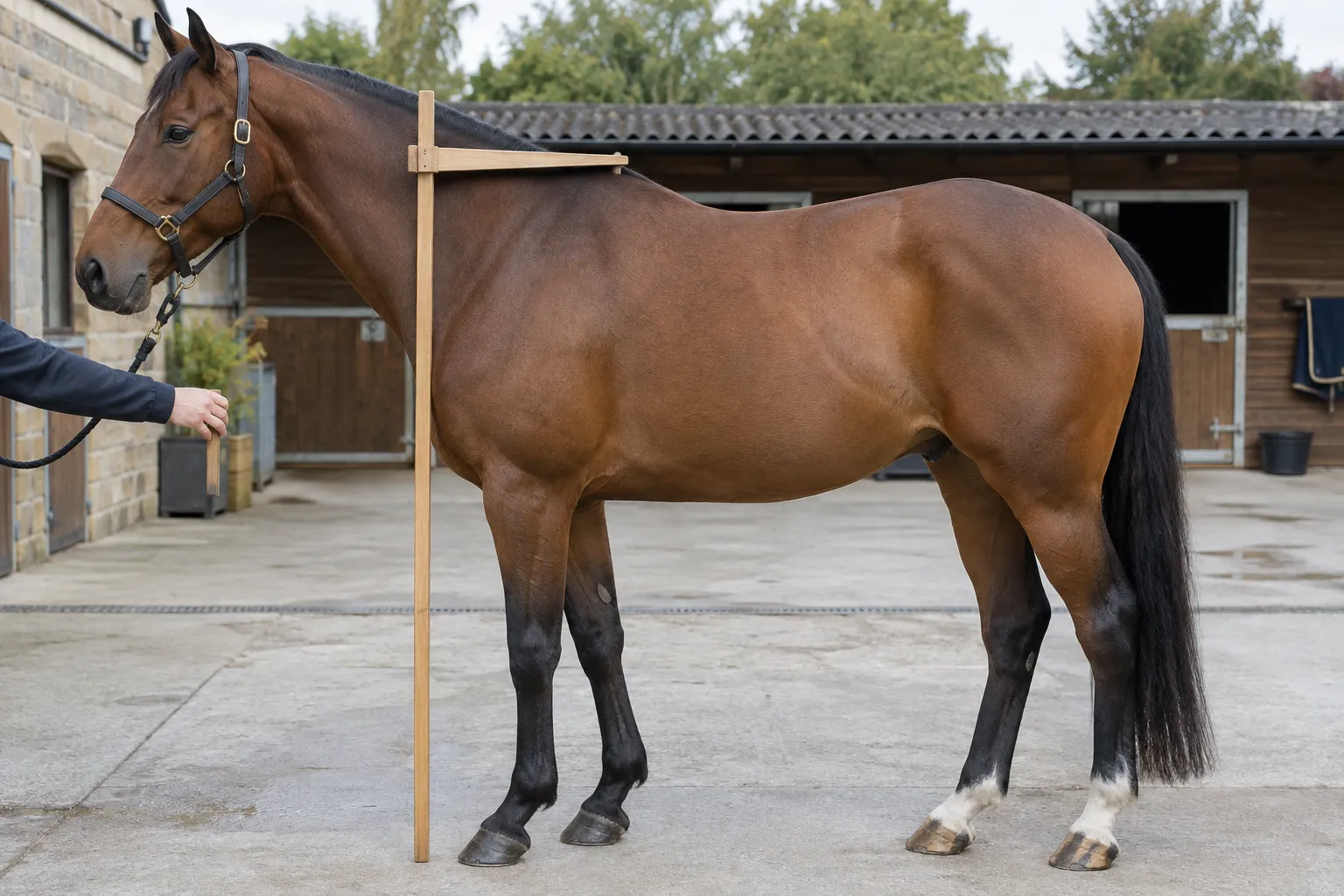 A measuring stick held upright against a horse, its arm resting on the highest point of the withers.