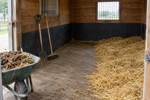 A stable half mucked out, a wheelbarrow of dirty straw at the door and fresh straw banked along the wall.