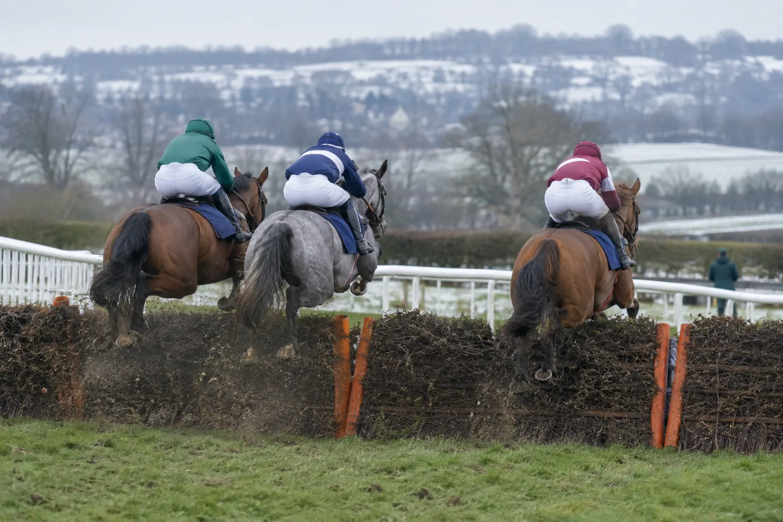 Three racehorses jumping a hurdle together on a winter racecourse, seen from behind.
