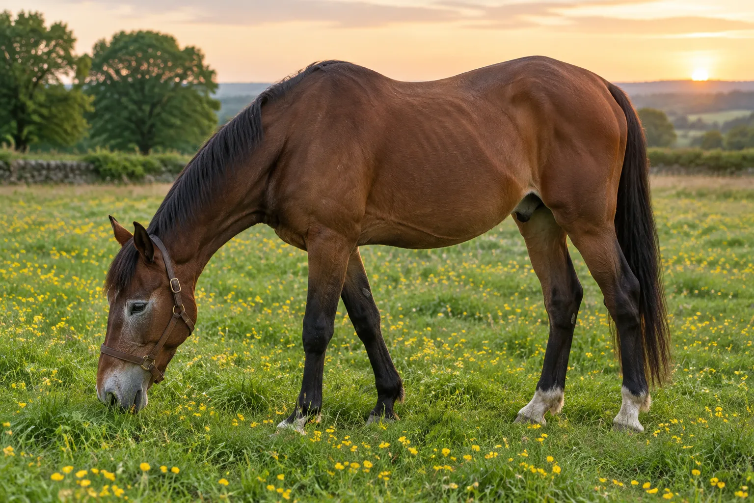 An elderly bay horse with grey hairs around the eyes and muzzle grazing in a buttercup field in evening light.