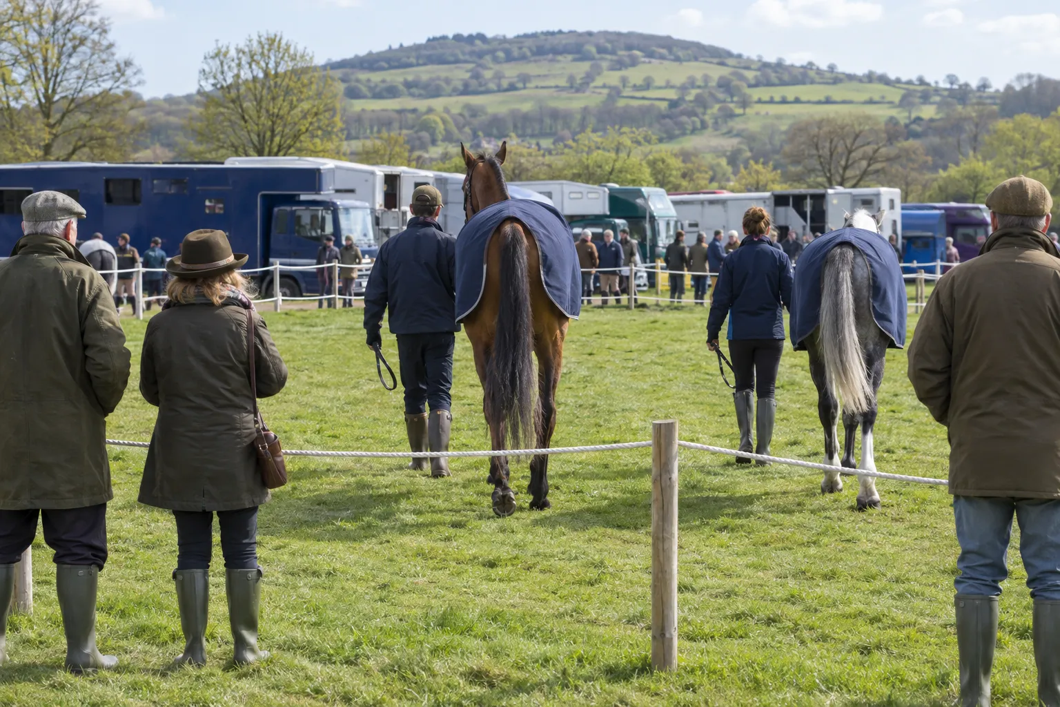 Horses in rugs being led round a roped paddock at a point-to-point meeting, spectators in wax jackets watching, horseboxes behind.