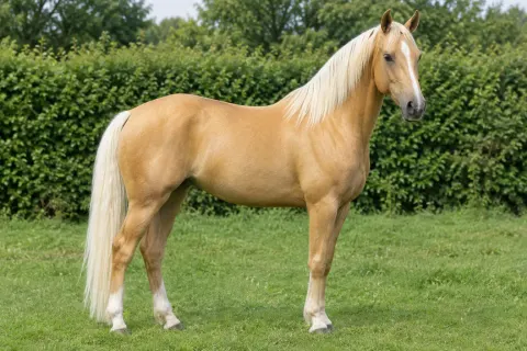 A palomino horse with a golden coat, a white mane and tail and a narrow blaze, standing in a summer paddock.