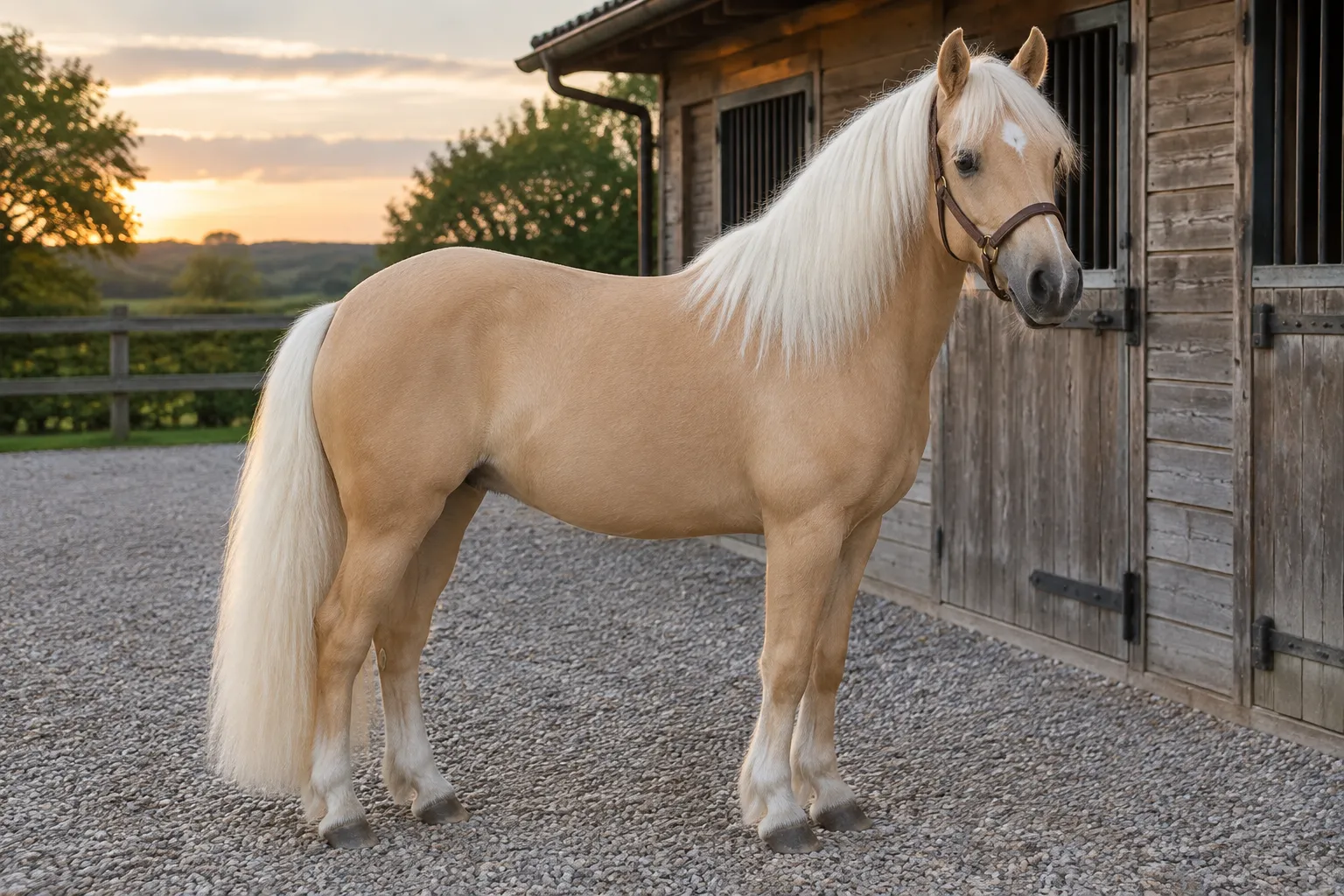 A palomino pony with a pale gold coat and a thick creamy-white mane standing on a gravel yard beside a wooden stable.
