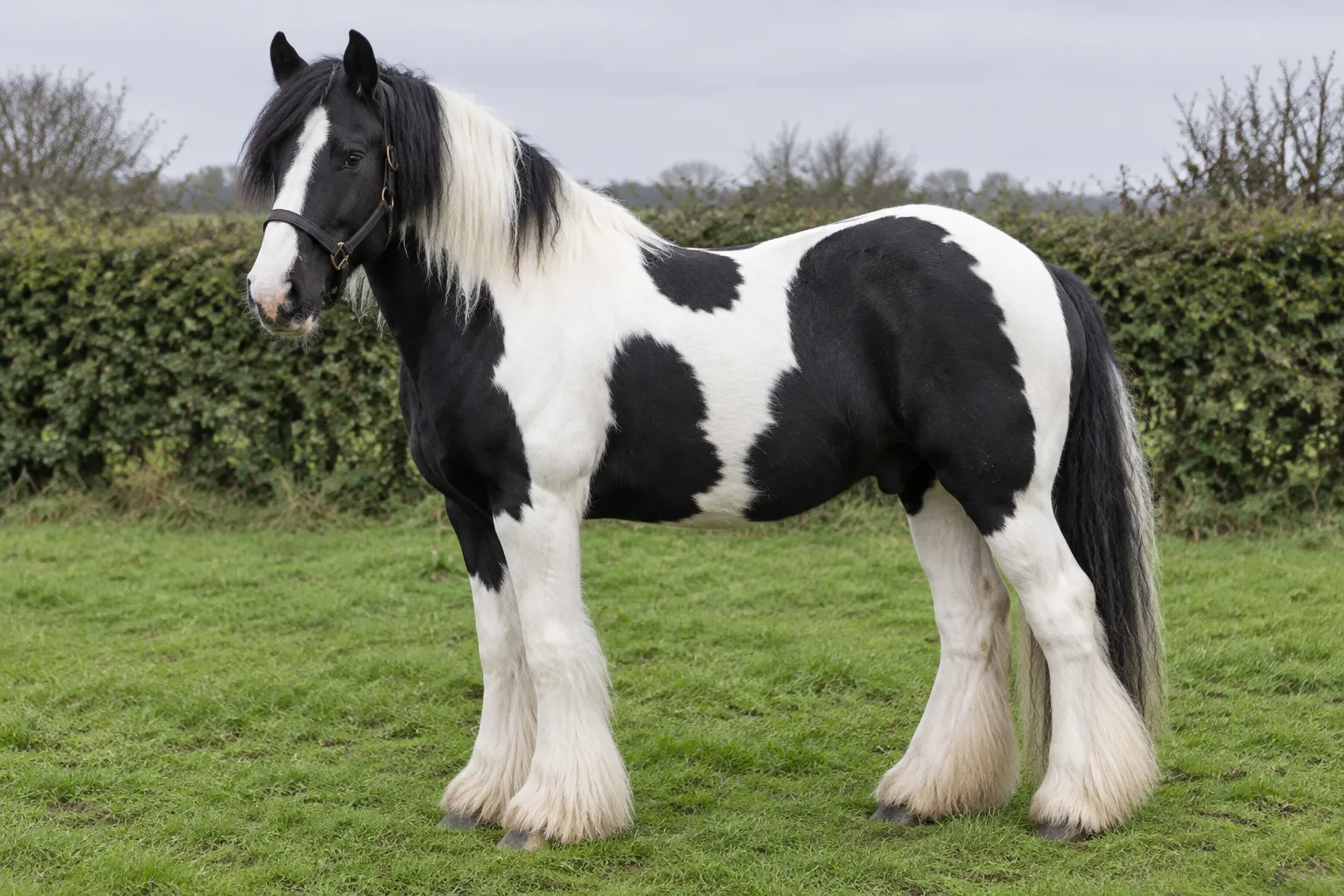 A piebald cob with large black and white patches, a black head with a white blaze and white feathered legs, standing in a green paddock.
