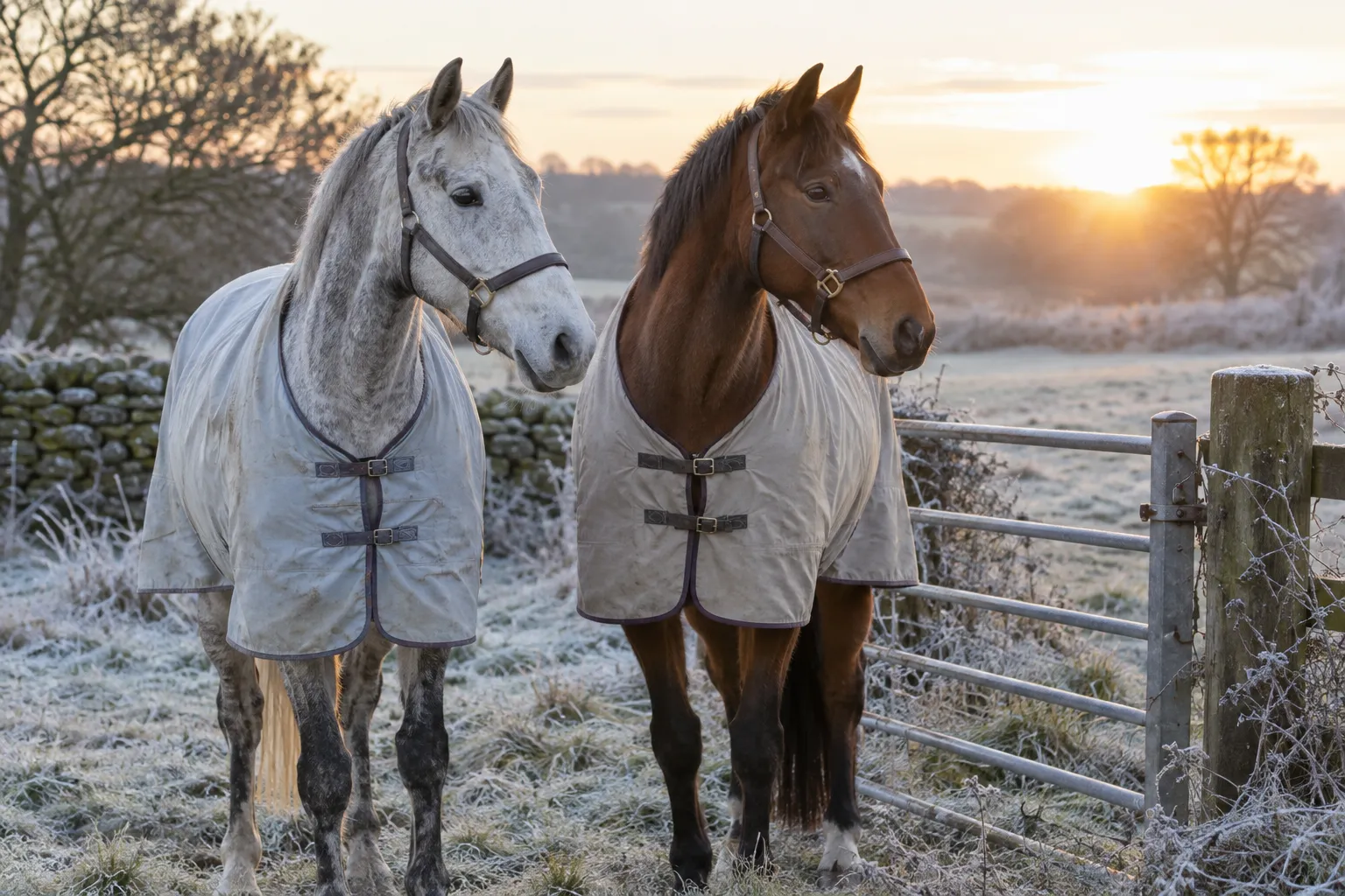Two older horses in light turnout rugs standing together by a field gate in winter sun.