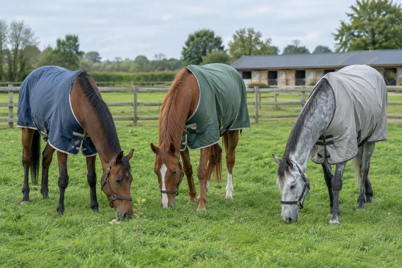 Three former racehorses, a bay, a chestnut and a grey, grazing together in light turnout rugs.