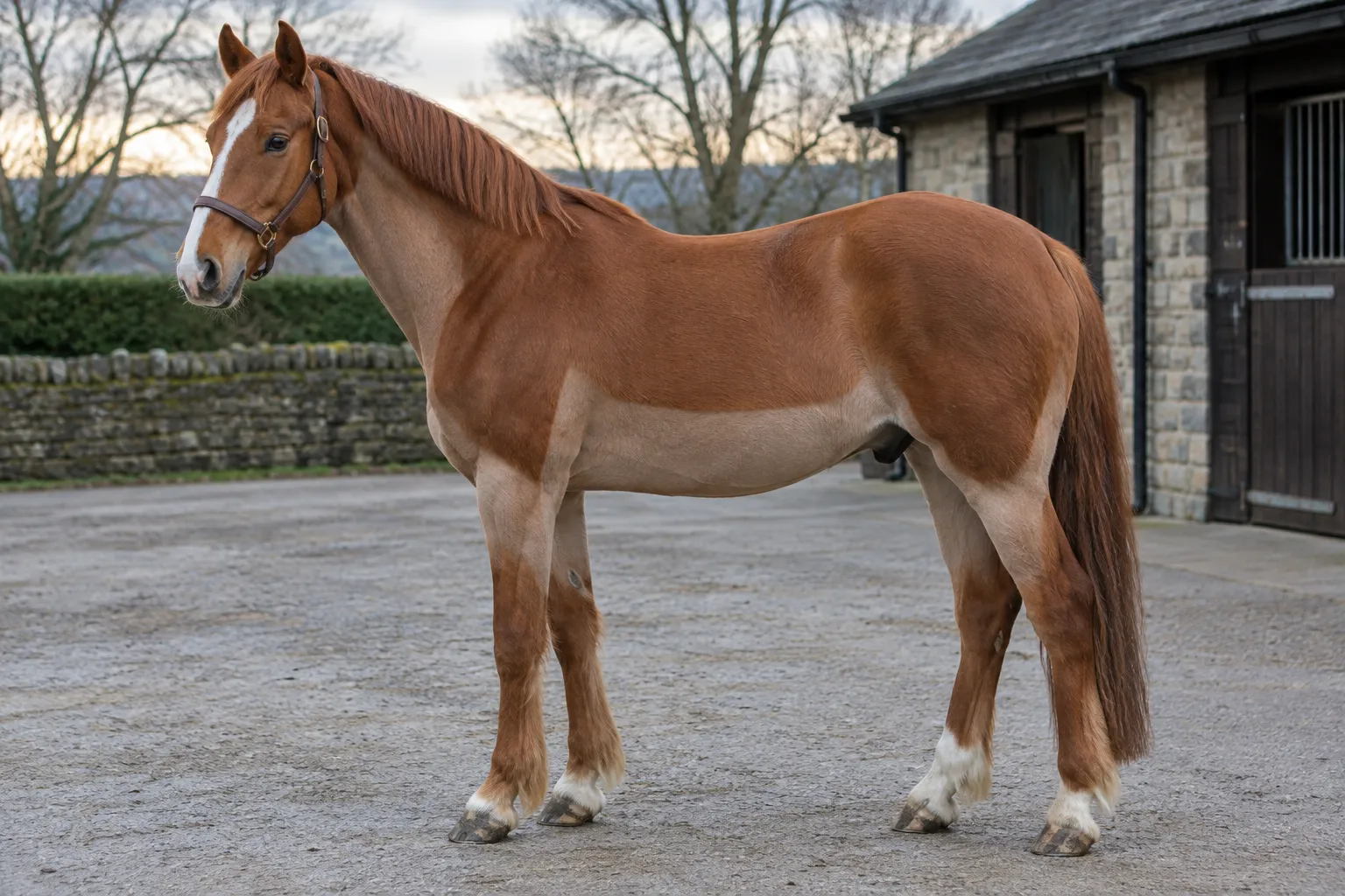 A chestnut horse with a trace clip, the hair taken short along the underside of the neck and belly, standing unrugged on a stable yard.
