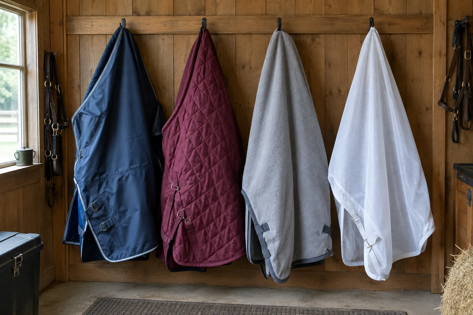Four horse rugs on a rail: a navy turnout rug, a burgundy quilted stable rug, a grey fleece cooler and a white mesh fly rug.