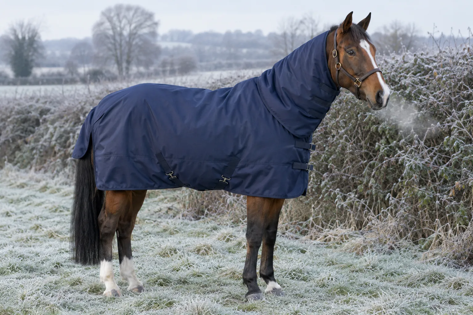 A bay horse in a plain navy heavyweight turnout rug with a neck cover, standing in a frosty field by a hedge.