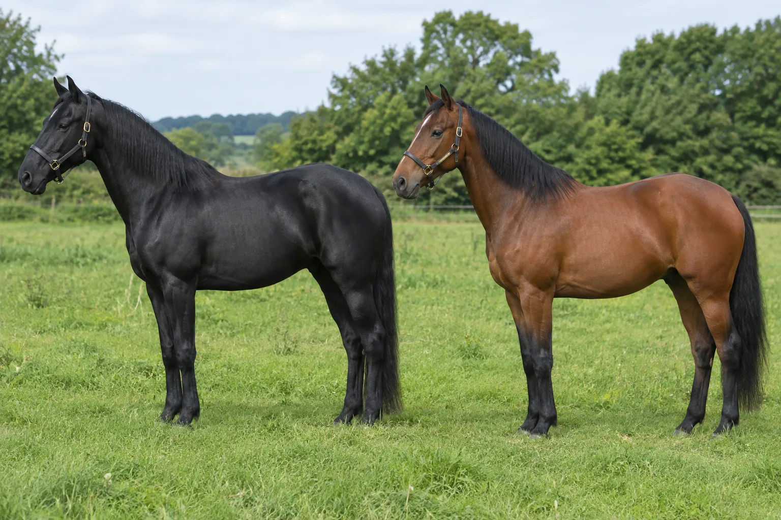 A black horse and a bay horse standing side by side in a field.