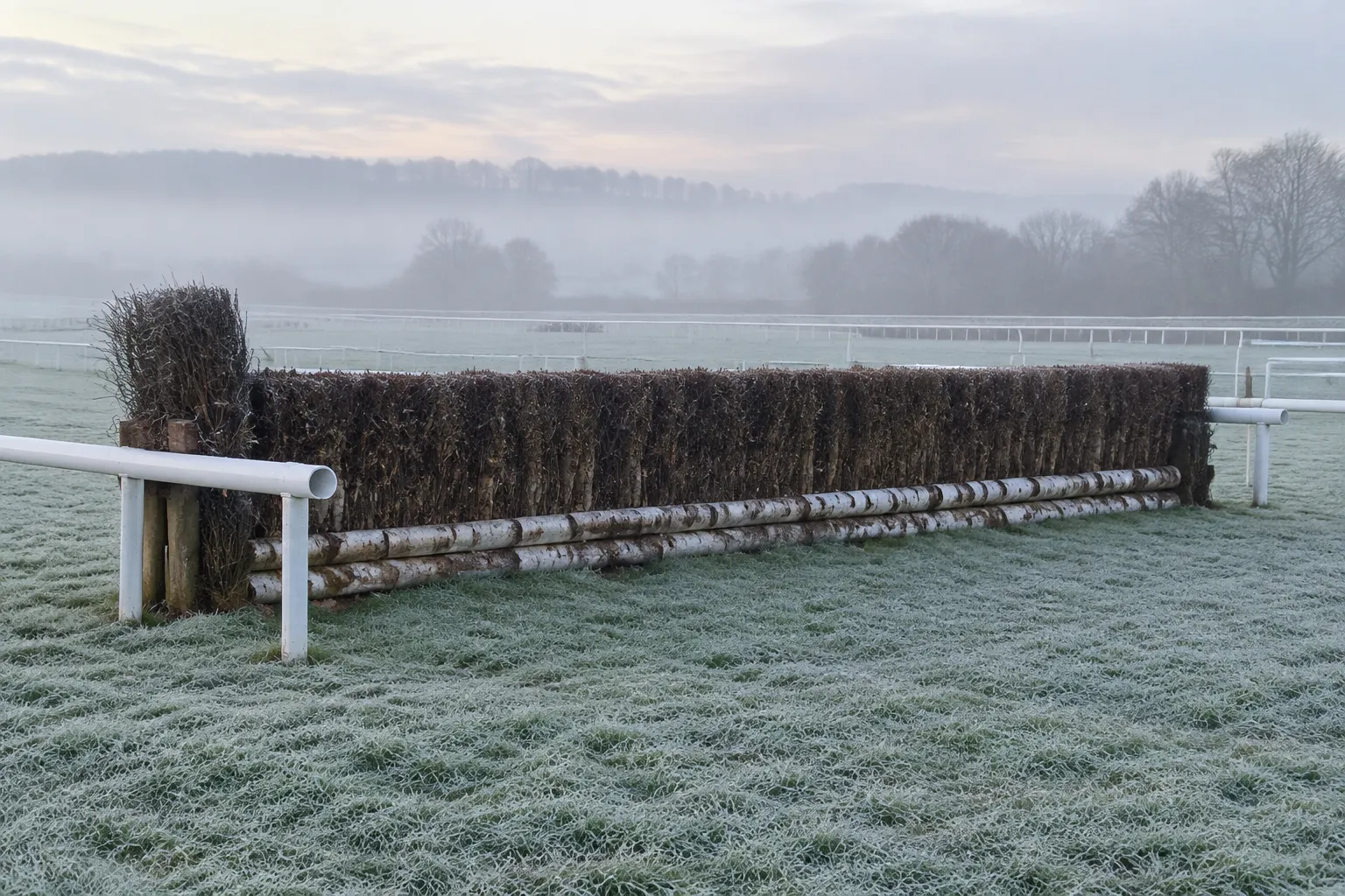 A packed birch steeplechase fence on an empty frosty racecourse.