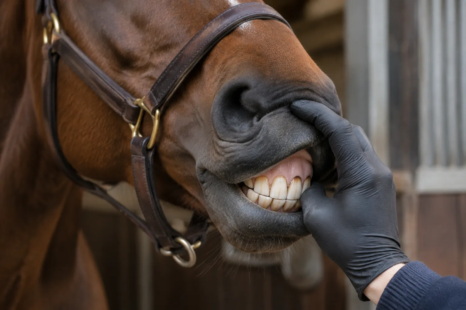 The front incisor teeth of a bay horse, lips lifted by a gloved hand.