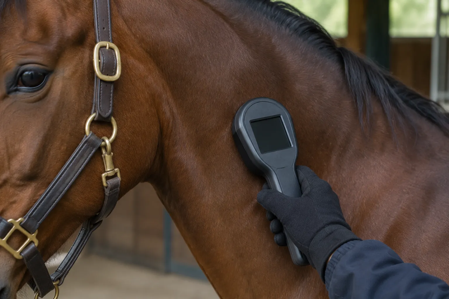 A microchip reader held against the neck of a bay horse.