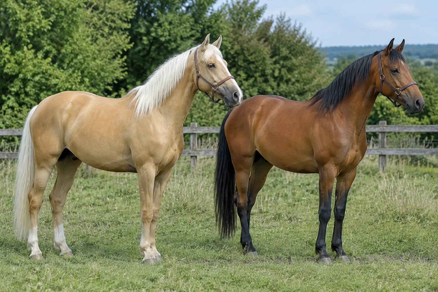 A palomino with a white mane beside a light bay with black points in a paddock.
