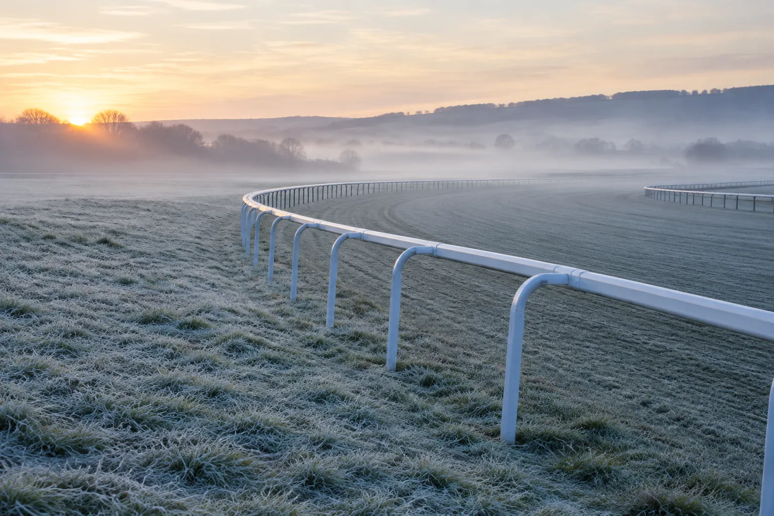A frosted racecourse at first light beside a white running rail.