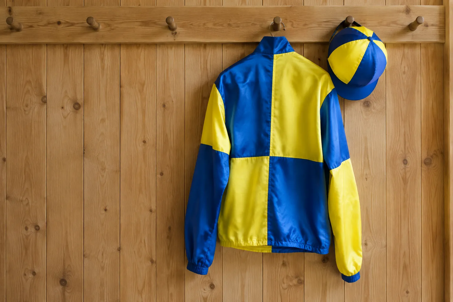 A set of racing silks in bold colour blocks hanging on a peg with a matching cap.
