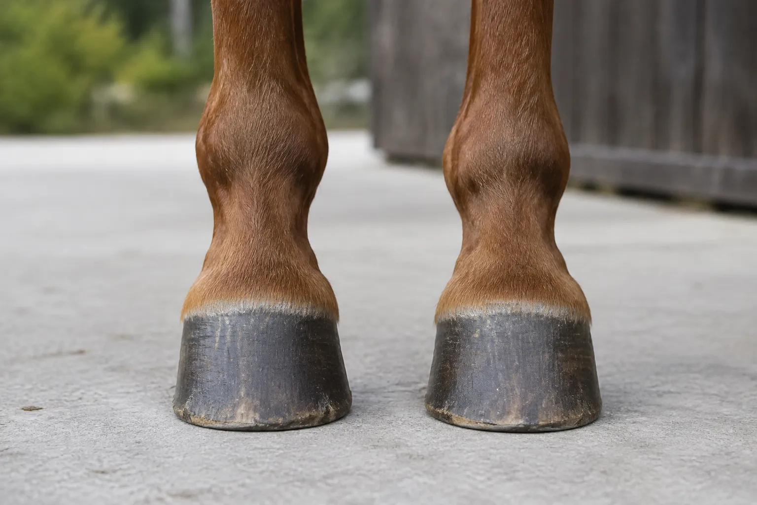 Two unshod front hooves standing square on a level concrete pad.