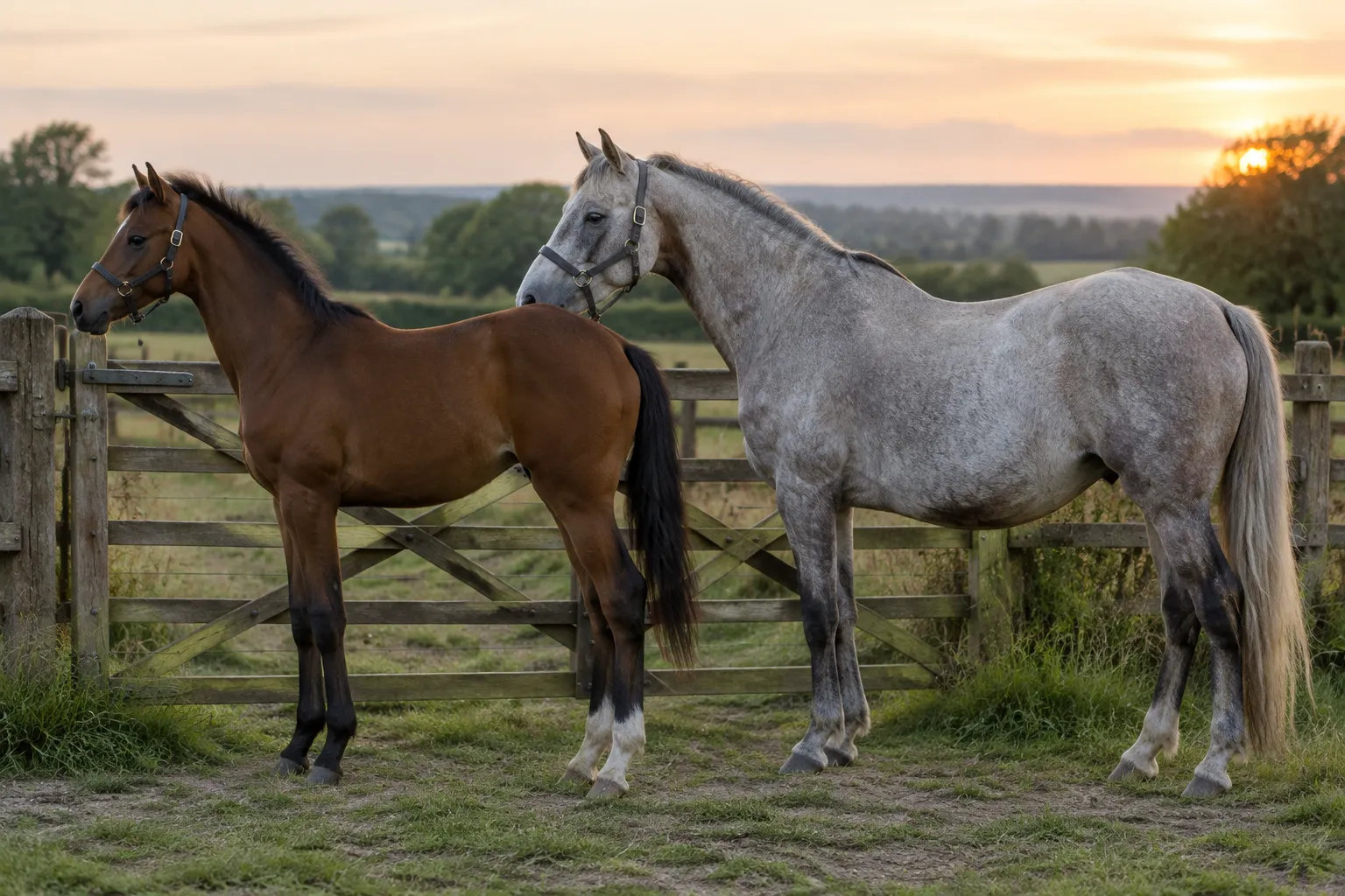 A young bay horse and an old grey horse standing side by side at a field gate.