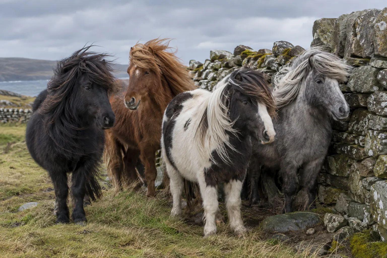 Four Shetland ponies, black, chestnut, piebald and grey, sheltering together by a stone wall in the wind.