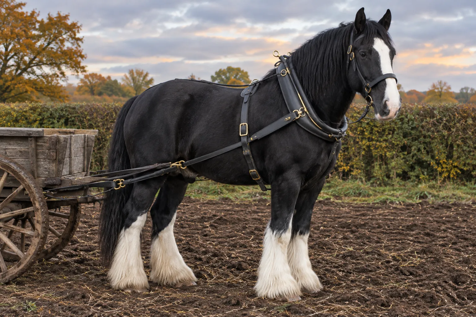 A black Shire horse with a white blaze and white feathered legs in working harness beside a wooden cart in a ploughed field.