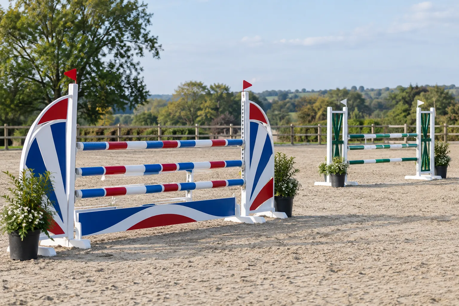 An empty showjumping course of painted poles and wings in a sand arena.