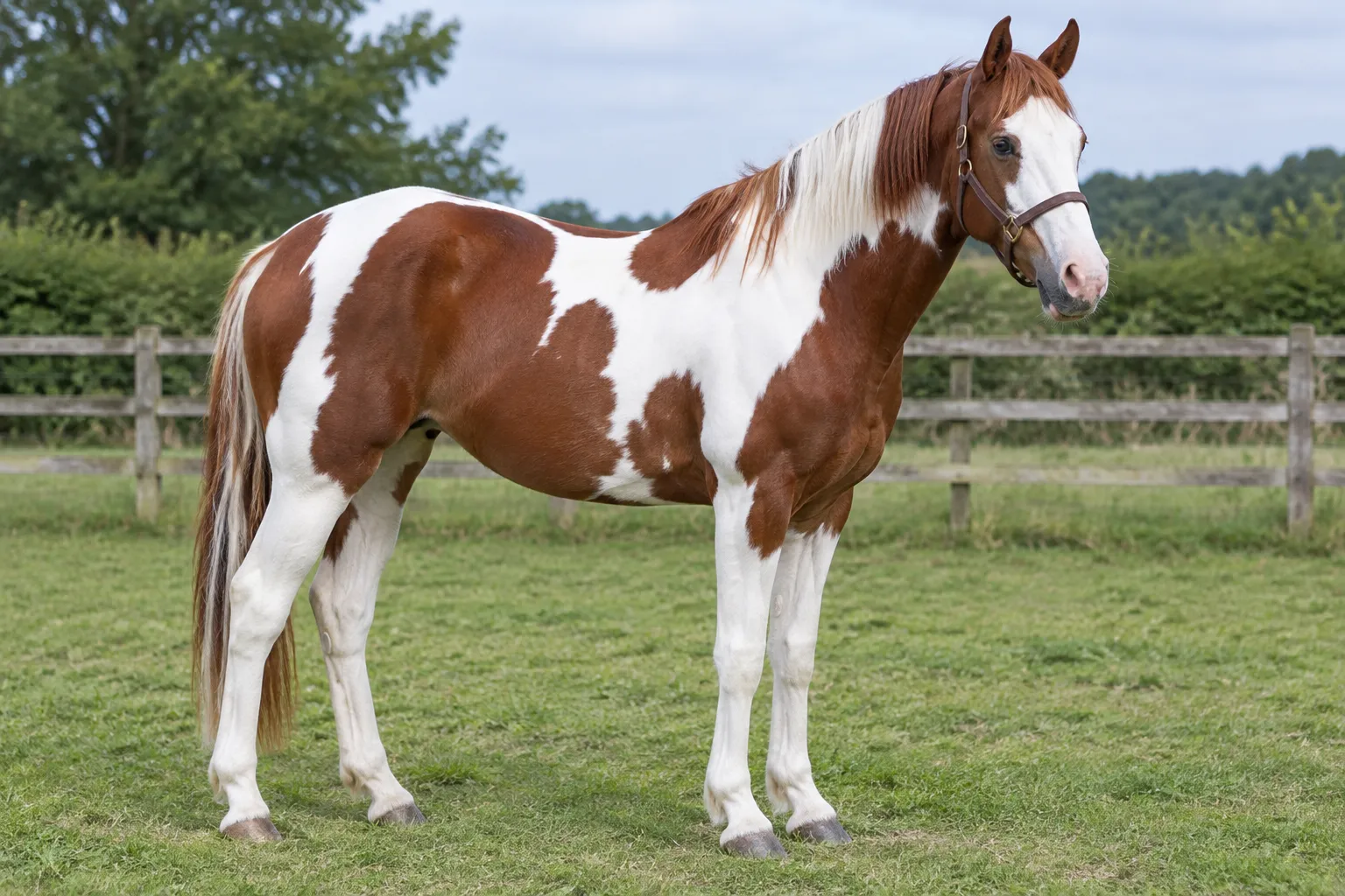 A skewbald horse with large chestnut-brown and white patches and a white face, standing in a field beside a post-and-rail fence.