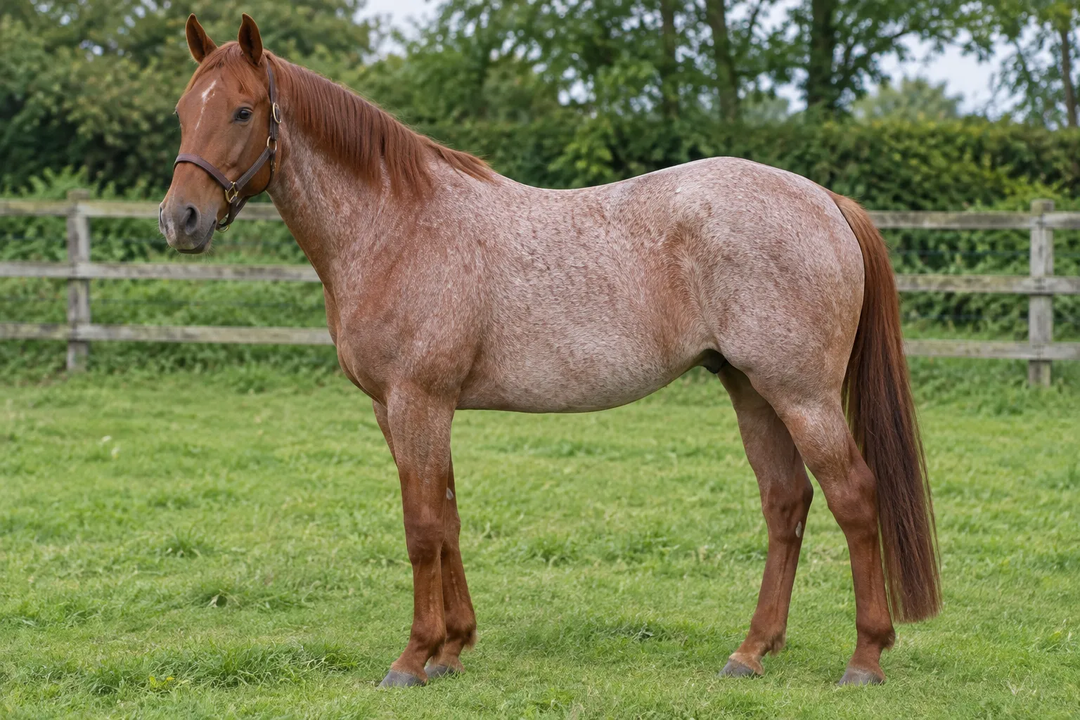 A strawberry roan horse with white hairs through a chestnut body and a solid chestnut head and legs, standing in a green paddock.