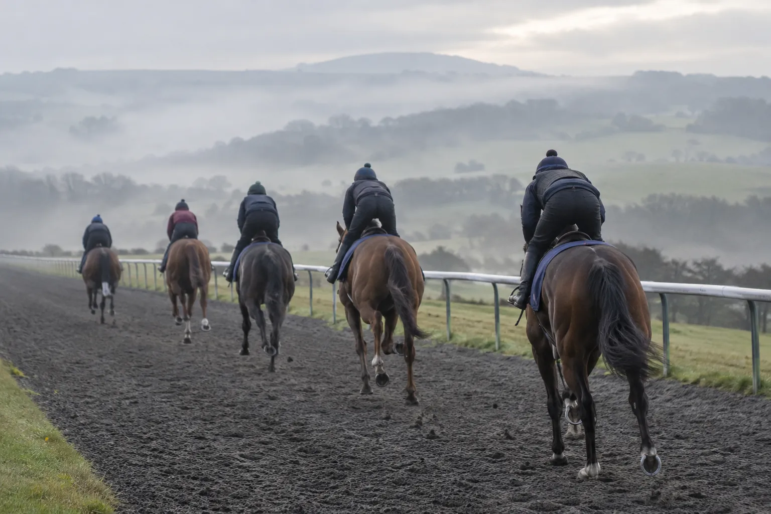 A string of racehorses cantering up an all-weather gallop in morning mist, seen from behind.