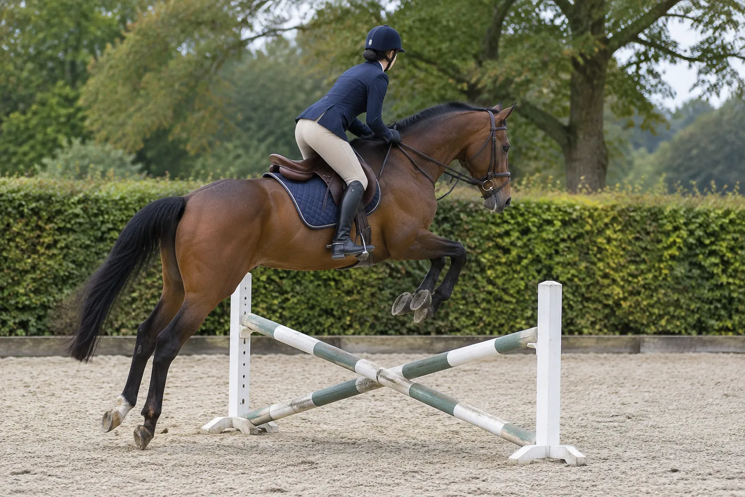 A bay former racehorse jumping a small cross-pole in an outdoor arena, ridden by an amateur rider.