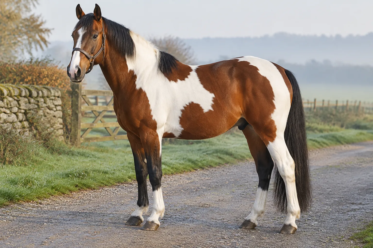 A tricoloured horse on a farm track: bay and white patches with a black mane, black tail and black lower legs.