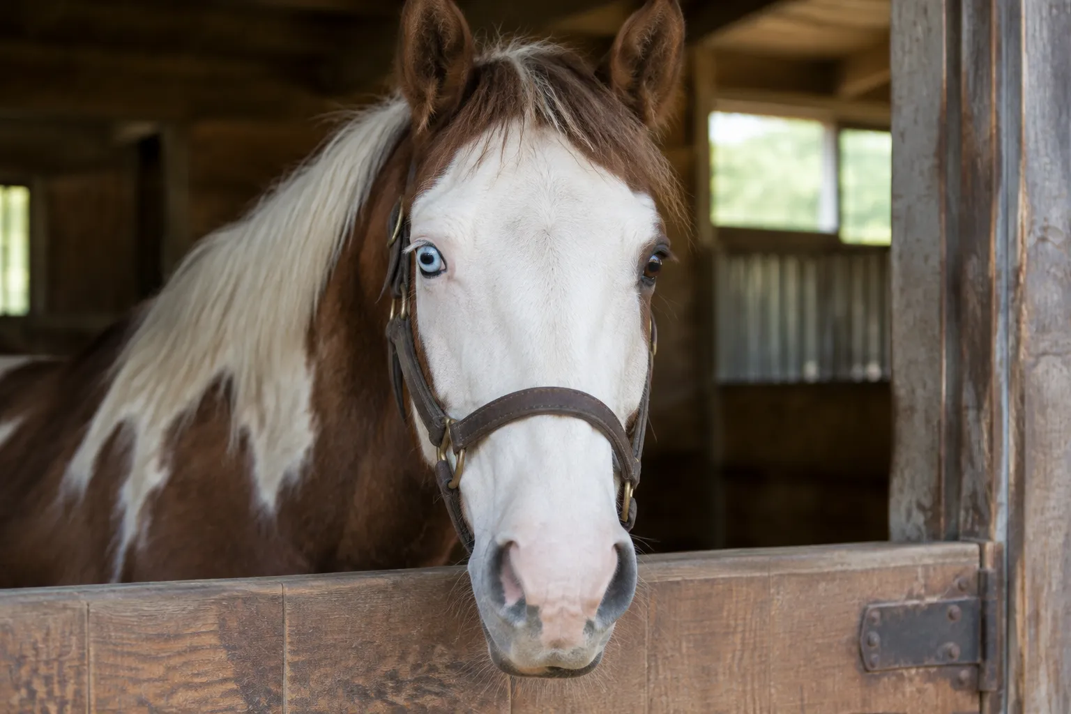 A horse with a broad white face and one pale blue eye looking out over a stable half-door.