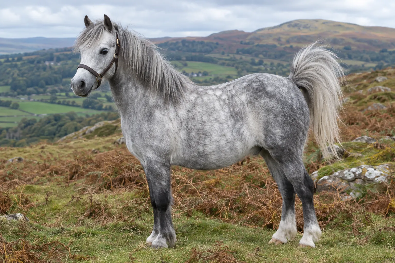 A dapple grey Welsh Section A pony standing on a bracken-covered hillside, Welsh hills behind.