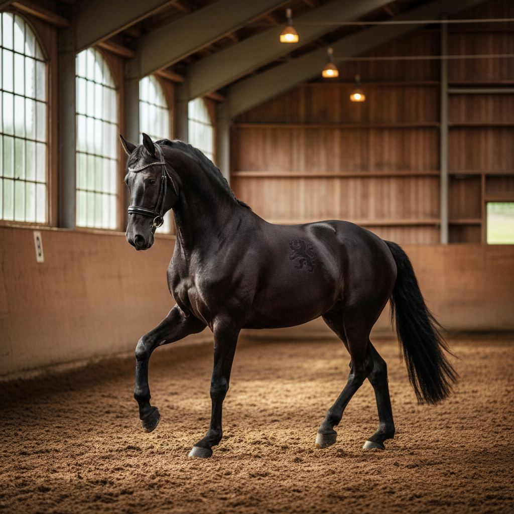 A KWPN (Dutch Warmblood) in editorial photographic style
