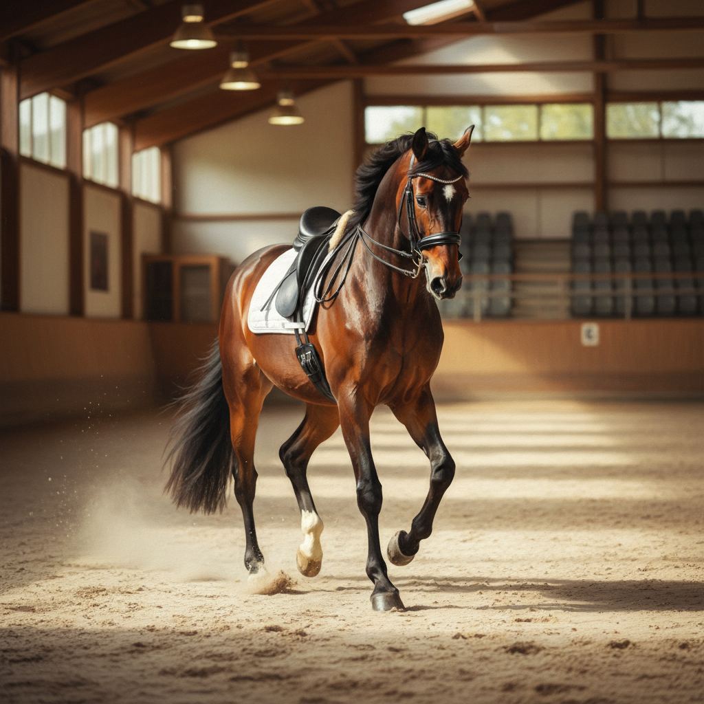 A Warmblood in editorial photographic style