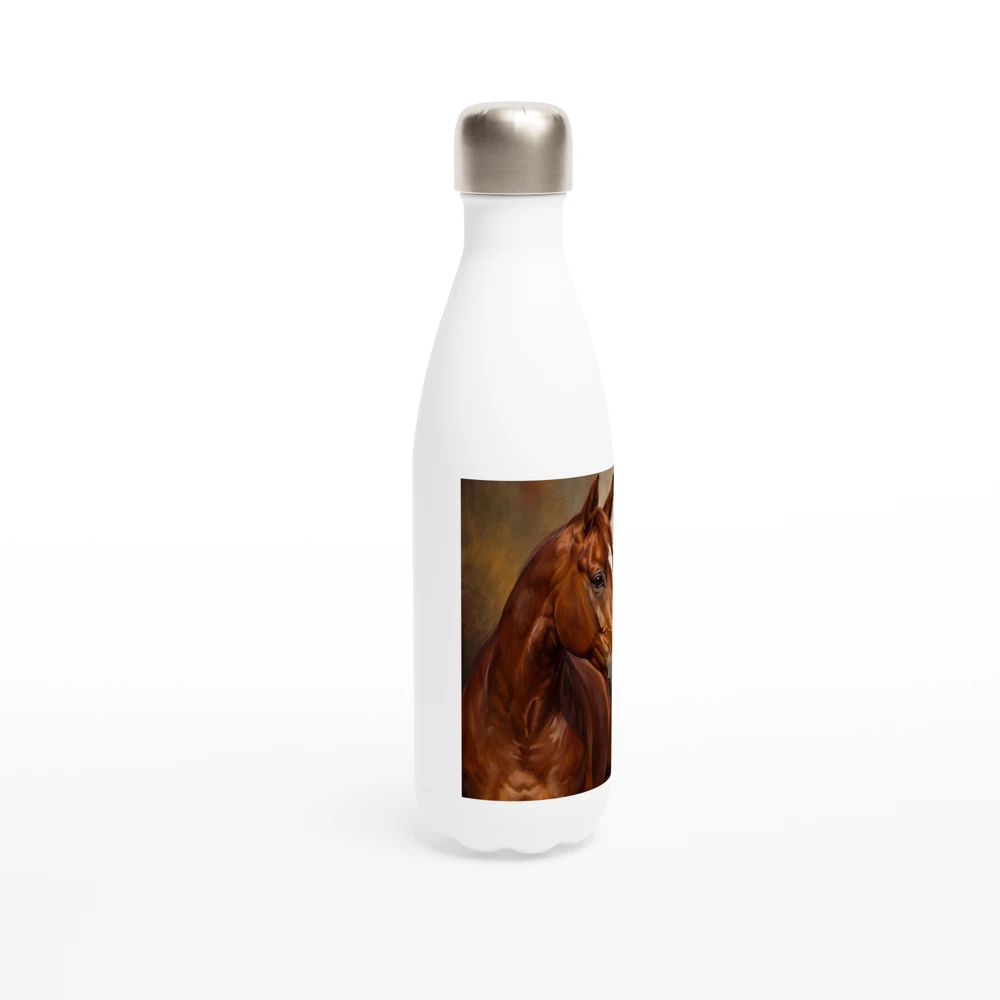 Gelato product render: The Bay Mare, an oil portrait of a chestnut horse, printed on a panel on the front of a white stainless steel bottle