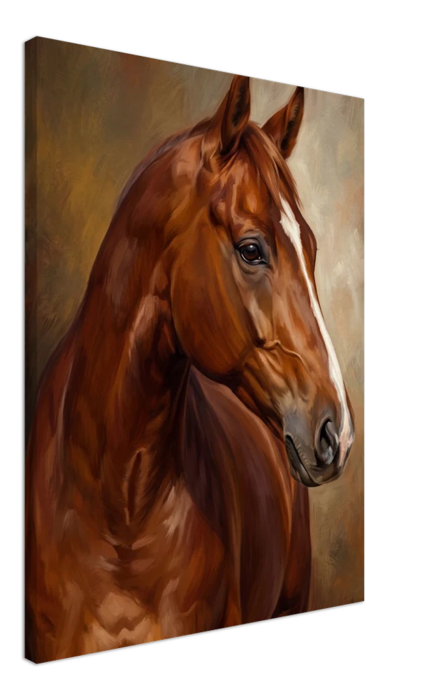 Gelato product render: The Bay Mare, an oil portrait of a chestnut horse, on a stretched canvas, the picture continuing round the side edge