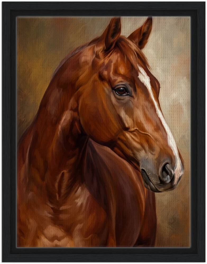 Gelato product render: The Bay Mare, an oil portrait of a chestnut horse, on a canvas set inside a black frame