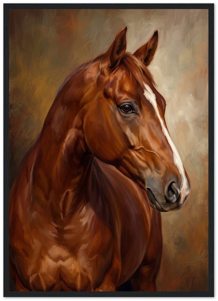 Gelato product render: The Bay Mare, an oil portrait of a chestnut horse, printed and framed in a black frame