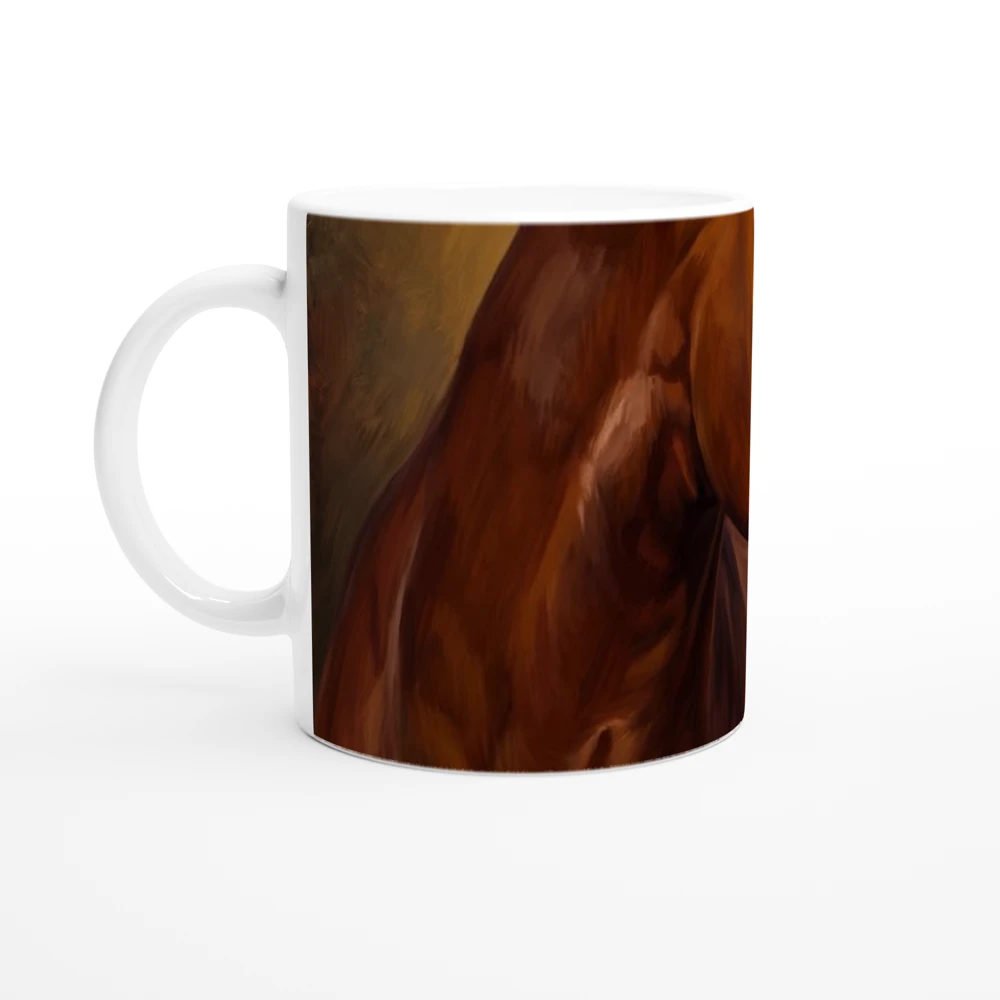 Gelato product render: The Bay Mare, an oil portrait of a chestnut horse, printed round the body of a white ceramic mug