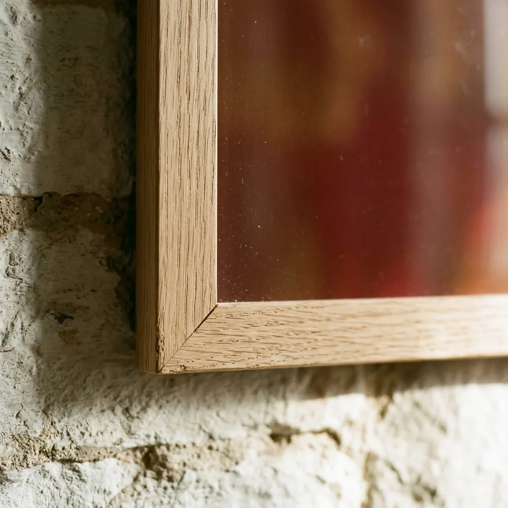 Mitred corner of a wood frame, the sheet reaching the timber on every side