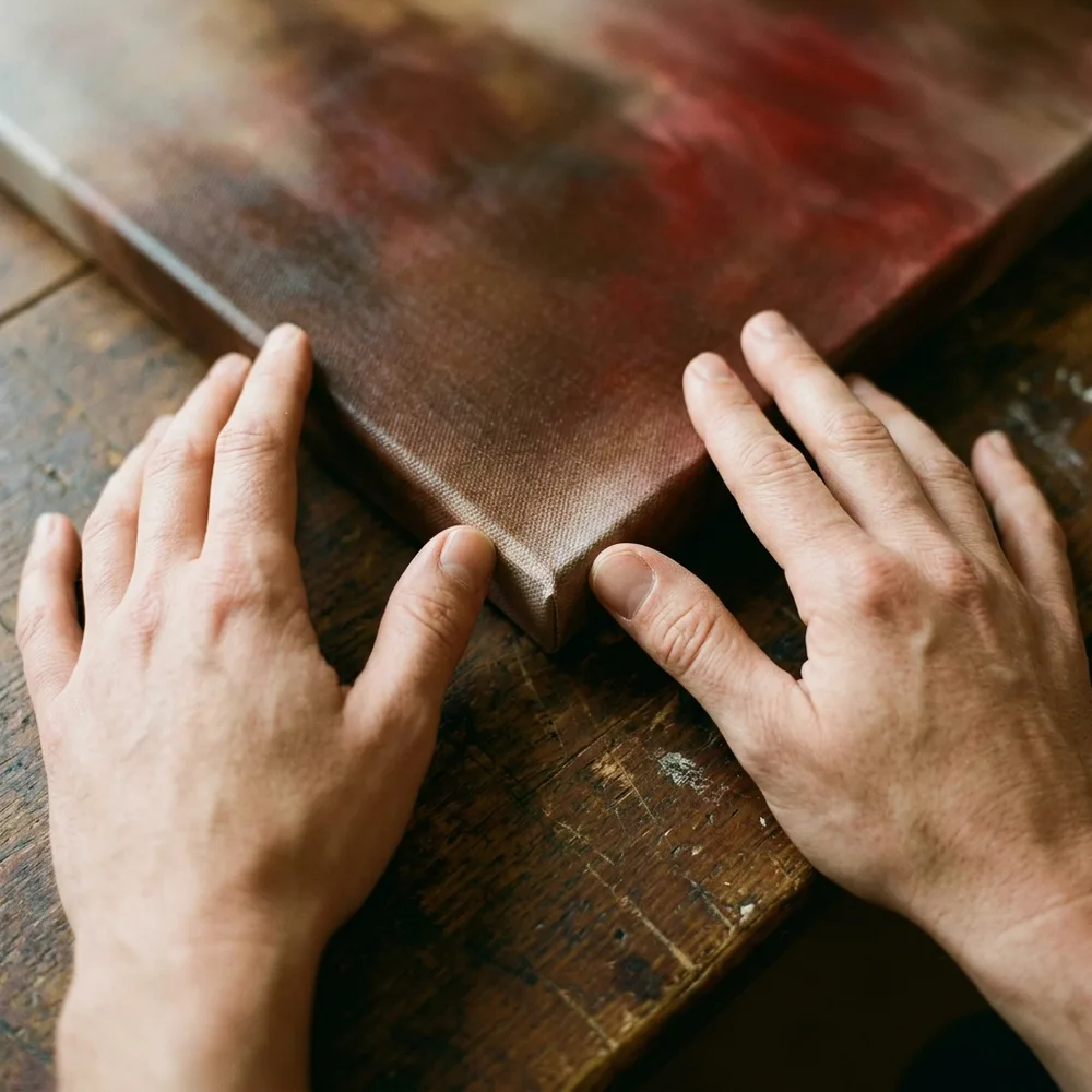 A pair of hands on the wrapped edge of a canvas