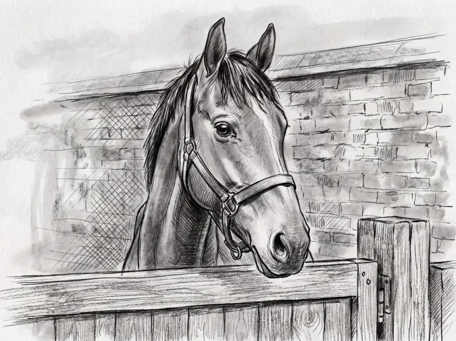 A charcoal portrait of a bay horse in a headcollar looking over a yard gate in front of a brick wall, drawn in grey and black.
