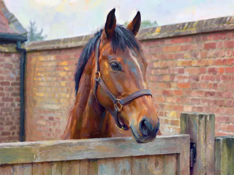 An impressionist-style portrait of a bay horse with a white blaze looking over a yard gate, painted in loose strokes of rust, blue and gold.