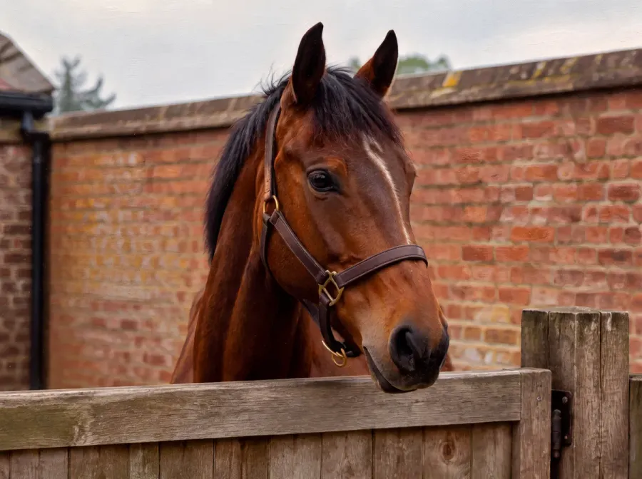 An oil-style portrait of a bay horse with a white blaze looking over a wooden yard gate, a brick wall behind.
