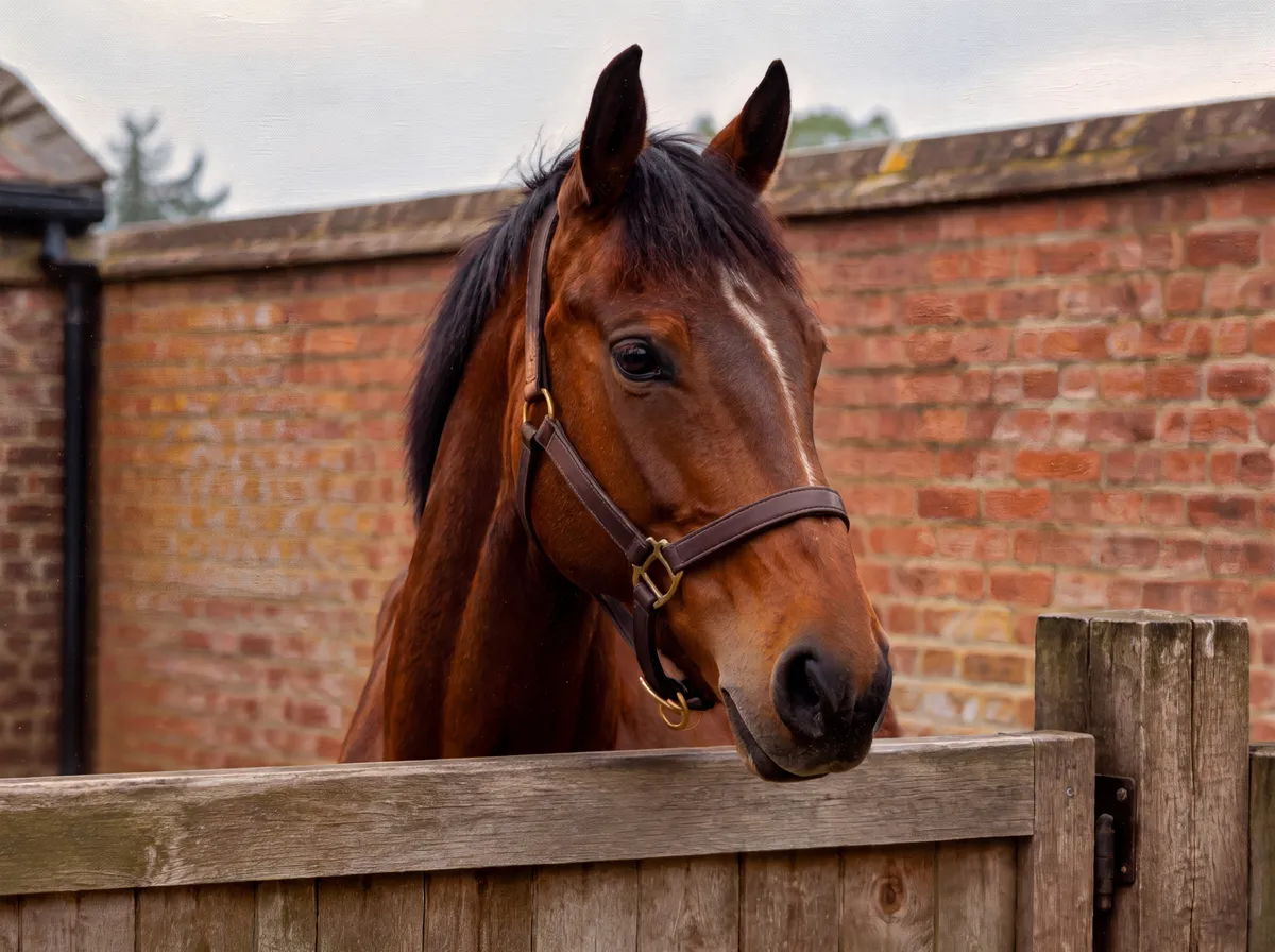 An oil-style portrait of a bay horse with a white blaze and a leather headcollar, looking over a wooden gate in front of a red brick wall.