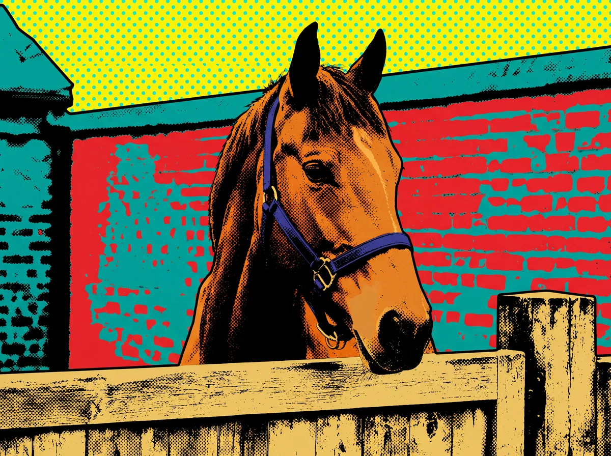 A pop art portrait of a bay horse looking over a yard gate, in flat orange, teal, red and yellow with halftone dots.